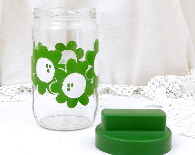 Vintage French Airtight Henkel Glass Storage Jar with Green Flower Design, 1960S Vintage Kitchen Decor, Retro Kitchenalia from France