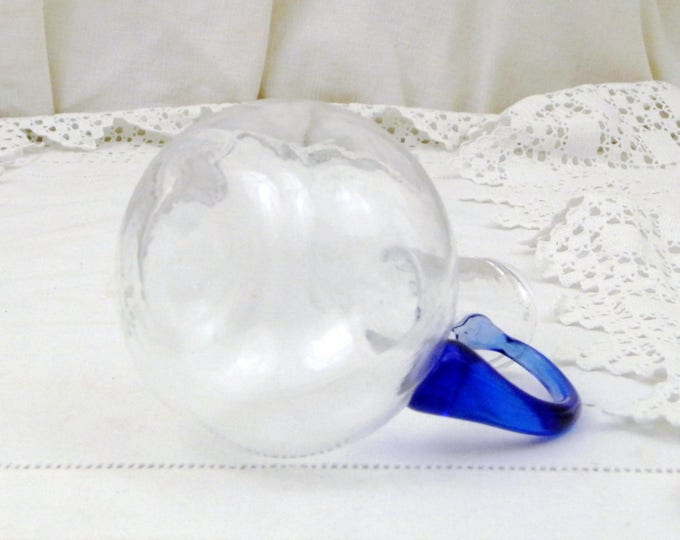 Small Vintage Blown Glass Handmade Vase / Jug with Blue Handle, Glass Oil Bottle, French Vintage Table Decor, Retro Home Interior Small Vintage Blown Glass Handmade Vase / Jug with Blue Handle, Glass Oil Bottle, French Vintage Table Decor, Retro Home Interior