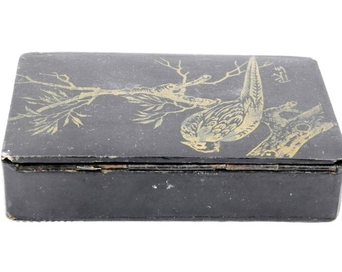 Antique Napoleon III / 3 Black Lacquer and Gold Gilt Carton Bouilli / Papier Mache Playing Card Box Signed by Artist Featuring a Pheasant