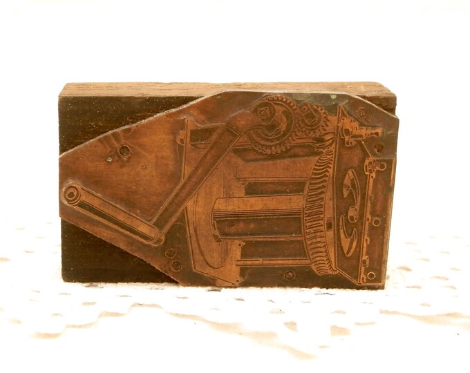 Antique Copper Plate Etching Plate, Metal Printing Block, Industrial Stamp, Mechanical Machinery with Winding Handle and Cogs, Brocante Antique Copper Plate Etching Plate, Metal Printing Block, Industrial Stamp, Mechanical Machinery with Winding Handle and Cogs, Brocante
