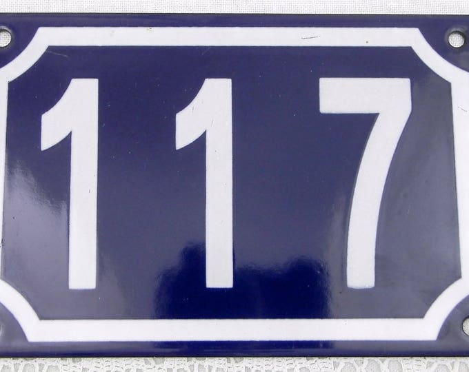 Blue and White Enamel Metal Number Plaque 117, Vintage French House Street Enameled Sign