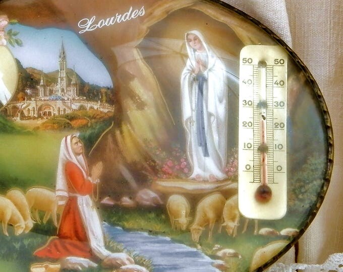 Vintage French Novelty Religious Thermometer with Picture of Bernadette Soubirous of Lourdes with Virgin Mary Apparition inside Domed Glass