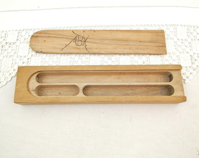 Vintage French Plumier Wooden Fountain Pen Box with Sliding Lid, School Pupil Pencil Case Made of Wood from France, Desk Office Writing