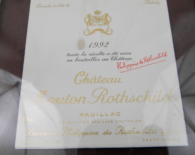 Vintage Framed Collectible Wine Bottle Label Chateau Mouton Rothschild 1992 Illustrated by Danish Artist Kirkeby from France, French Wine