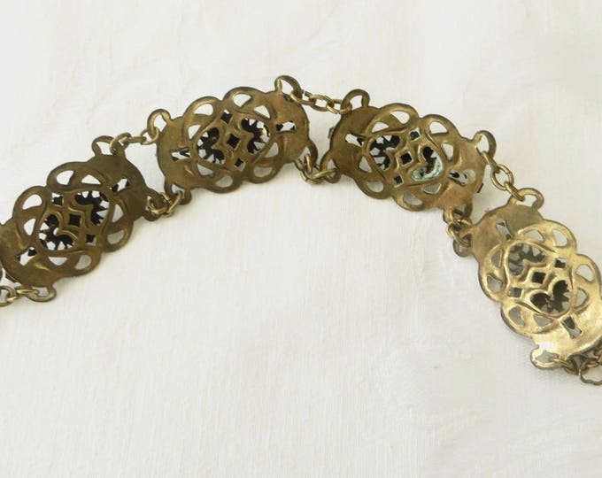 Vintage Czech Glass Bracelet, Champleve Enamel Leaves, Filigree Panels, Neiger Style 1930s