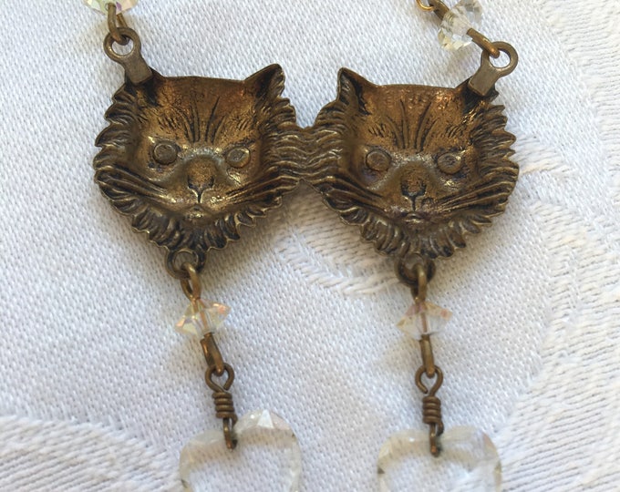 Vintage Cat Necklace, Signed Pididdly Links, Twin Cats, Swarovski Crystal Heart Dangles, Cat Jewelry