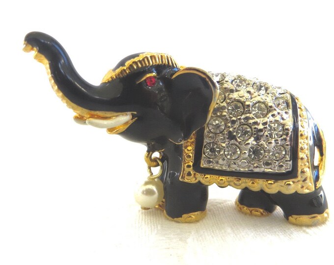 Vintage Elephant Brooch, Rhinestone and Enamel, Moghul Style Pin, Elephant Jewelry