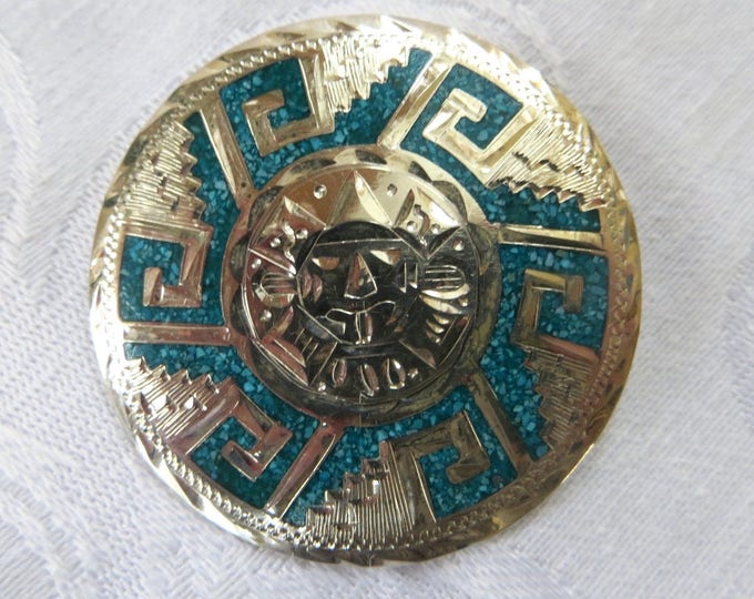 Sterling Sun Brooch, Mexico Silver, Vintage Sun God Pin, Turquoise Inlay, La Plata