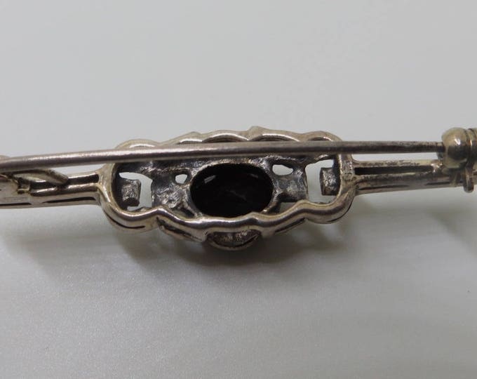 Vintage Sterling Marcasite Brooch, Garnet Glass Stone, Art Deco Bar Pin, Art Deco Jewelry