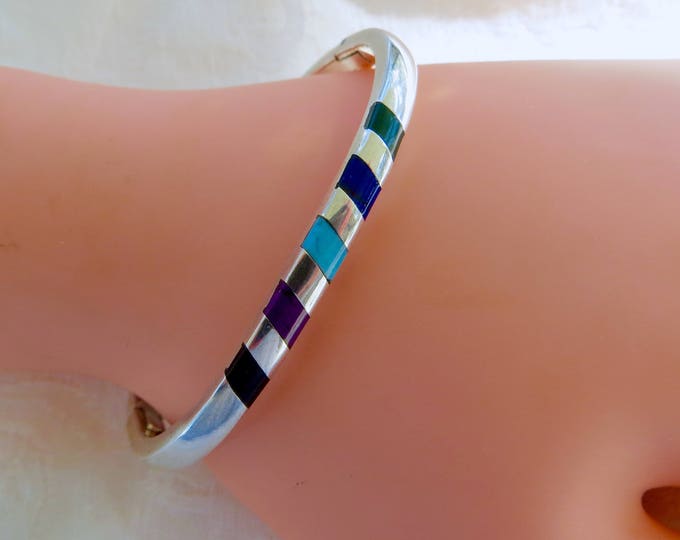 Sterling Silver Bangle Bracelet, Gemstone Inlay, Mexican Silver Vintage Bangle, Made in Mexico