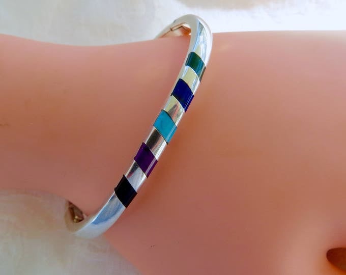 Sterling Silver Bangle Bracelet, Gemstone Inlay, Mexican Silver Vintage Bangle, Made in Mexico