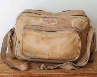 Vintage Tan Leather Flight Bag/ Distressed Leather Overnight Travel Bag/ Leather Carry On Bag 081217