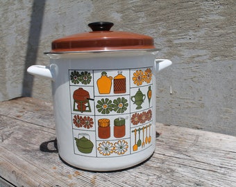 Enamel Stock Pot with Lid, Mid Century Vegetable Steamer, Retro Cookware, Cookware, Daisy, Flowers, Seafood Steamer, Seafood Cooker