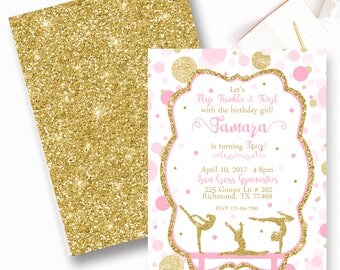 Gymnastic Birthday Invitation, Pink and Gold Polka Dot Gymnastic Invitation, Twirl, Tumble- YOU PRINT
