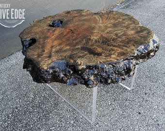 Contemporary Coffee Table- Modern Coffee Table- Lucite- Acrylic- Floating Coffee Table- Round Coffee Table- Live Edge Slab- Maple Burl