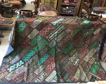 Antique Vintage Green Original Tapestry Hand Crafted Zardozi Beaded RUG Wall Hanging Decor CLEARANCE SALE