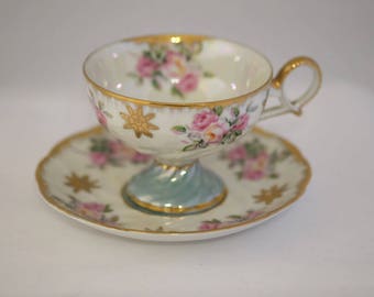 Vintage Royal Halsey Japanese Tea Cup Very Fine China Cup and Saucer, Rose Decor, Gold Trim, Luster Finish, Made in Japan, Porcelain Tea Cup
