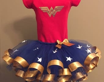 Wonder Woman Costume, Wonder Woman Red Onesie/Shirt and Blue/White Star Tutu with Gold Ribbon Outfit For Baby/Toddler/Girls