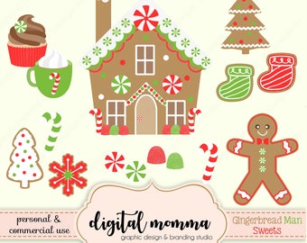 Sweet Gingerbread Boy Clipart Set, Gingerbread House Clipart, Christmas Sweets Clipart, .PNG, Personal & Commercial Use, Instant Download!