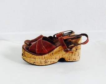 Rare 1970s boho hippie platform wedges cognac leather shoes. // size 7,5 - 8