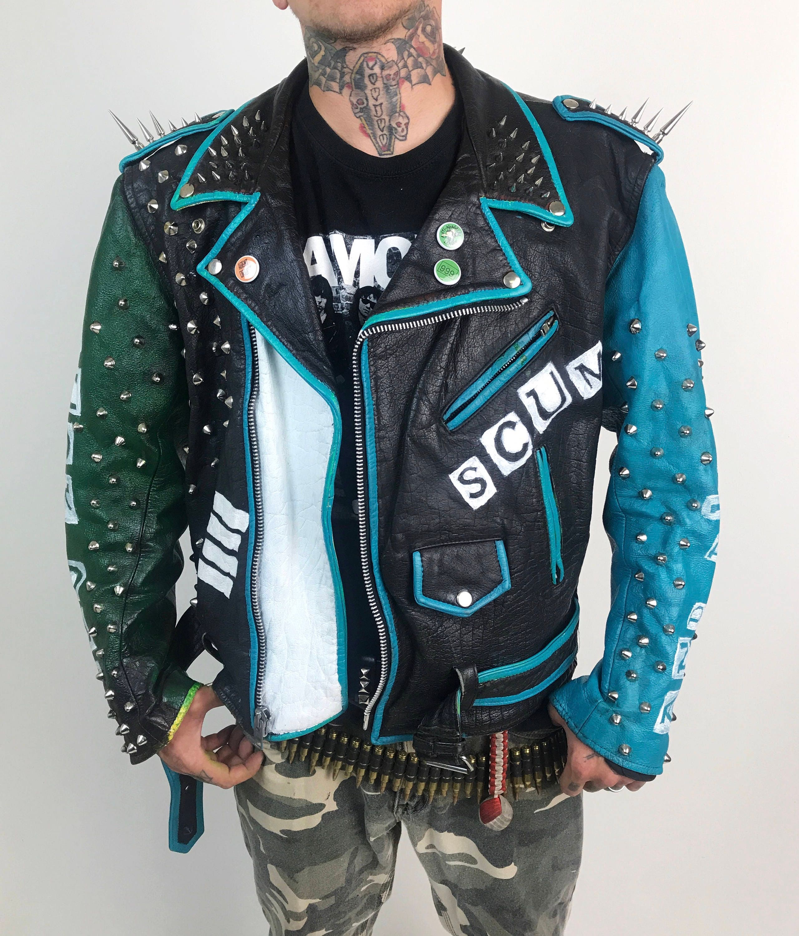 Studded Leather Painted Punk  Jacket  Mens Large 40 