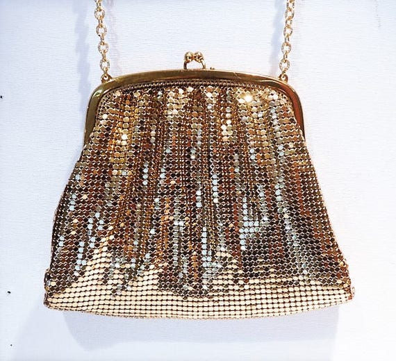 Gold Enamel Mesh Whiting Davis Evening Handbag Pouch Purse 1940s Fashion Christmas Wedding Late Art Deco Early Mid Century Bag with Mirror