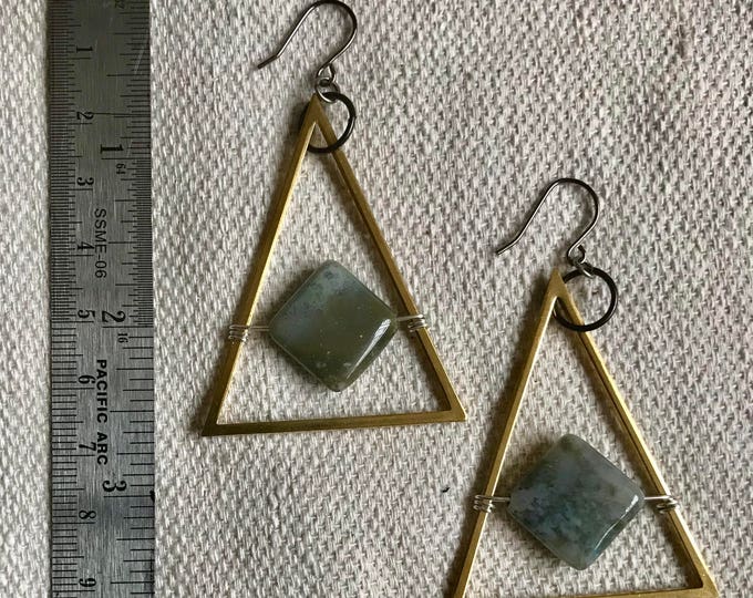 Dendritic Jasper Earrings . Dangle Earrings . Triangle Earrings . Brass Triangle Earrings . Statement Earrings