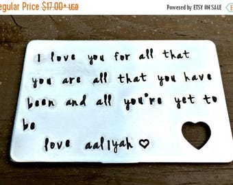 Wallet Card Insert - Aluminum, Hand Stamped, Anniversary, Valentine's Gift, Husband, Boyfriend, Birthday, Wedding, Love, Poem, Personalized