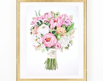 ORIGINAL Custom Bridal Bouquet Painting in Watercolor. Wedding flowers portrait. Anniversary gift. Commissioned botanical print.