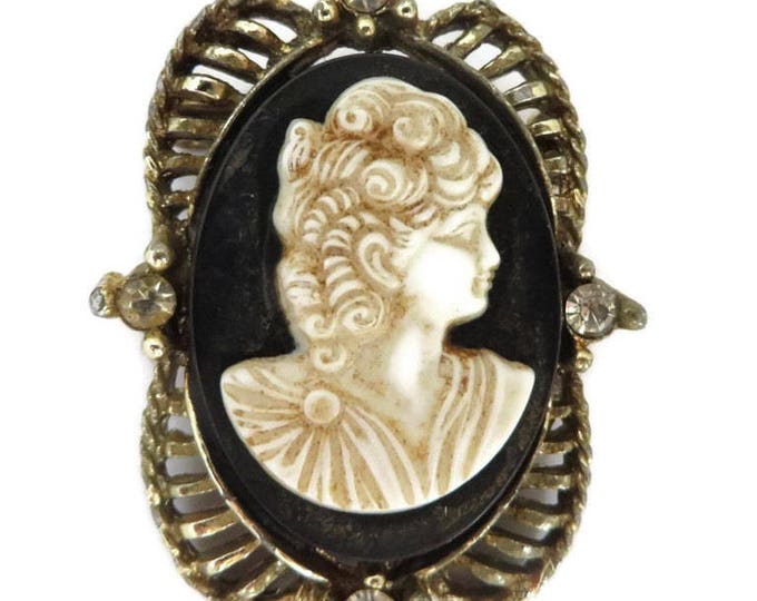 Vintage Cameo Brooch, Black & Cream Cameo, Rhinestone Studded Gold Tone Pin, Antique Style Pin