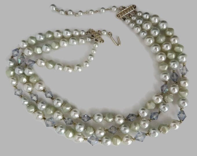 Pearl Necklace, Japan Multi Strand Necklace, Vintage Faux Pearl & Lavender Blue Bead Triple Strand Choker