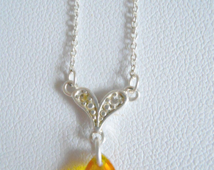 Vintage Citrine Pendant, Sterling Silver Necklace, Faceted Pear Shaped Citrine Sweetheart Necklace