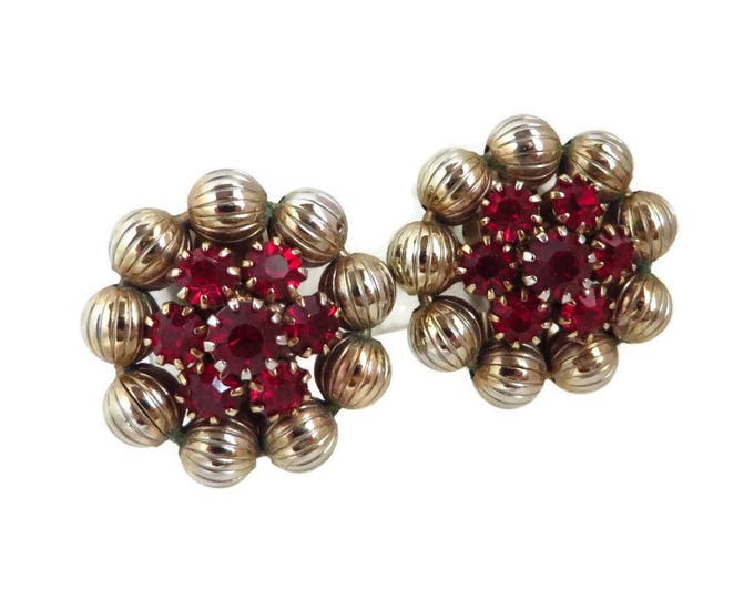 Rhinestone Earrings, Ruby Red Earrings, Weiss Earrings, Vintage Gold Tone Flower Signed Designer Clip-on Earrings Rhinestone Earrings, Ruby Red Earrings, Weiss Earrings, Vintage Gold Tone Flower Signed Designer Clip-on Earrings