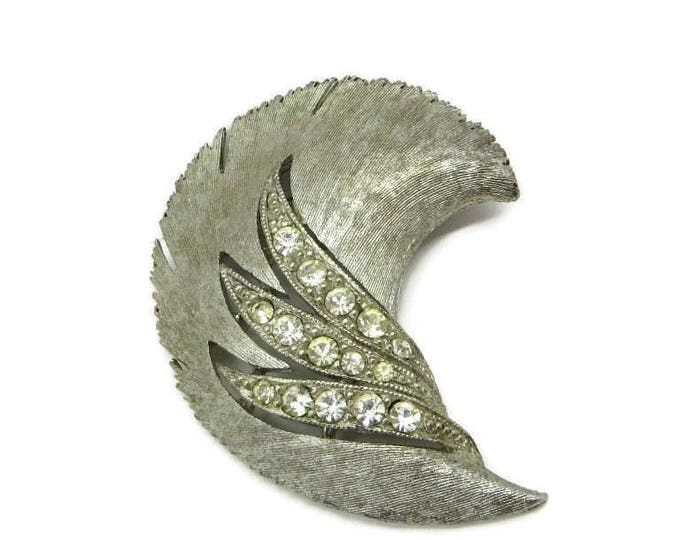 Rhinestone Leaf Brooch, Vintage Curved Leaf Pin, Signed J J Matte Silvertone Pin, Bridal Jewelry, Gift Idea