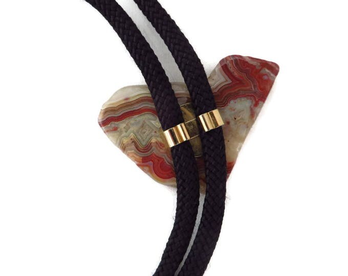 Polished Stone Bolo, Vintage Rust & Mushroom Stone Pendant Tie, Men's Accessory Gift for Him