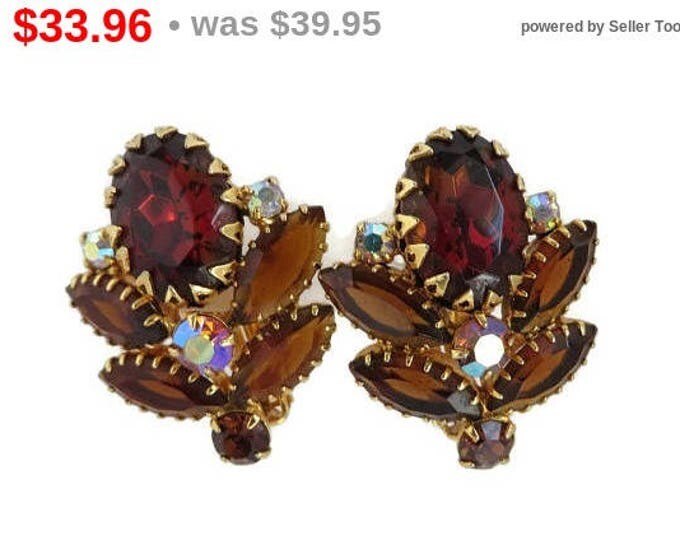 Juliana D&E Amber Earrings, Vintage Rhinestone Earrings, Verified Juliana Jewelry, AB Rhinestone Clip-ons, FREE SHIPPING