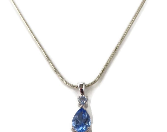 Blue Topaz Pendant Necklace, Vintage Sterling Silver Pear Shaped Drop Pendant Necklace