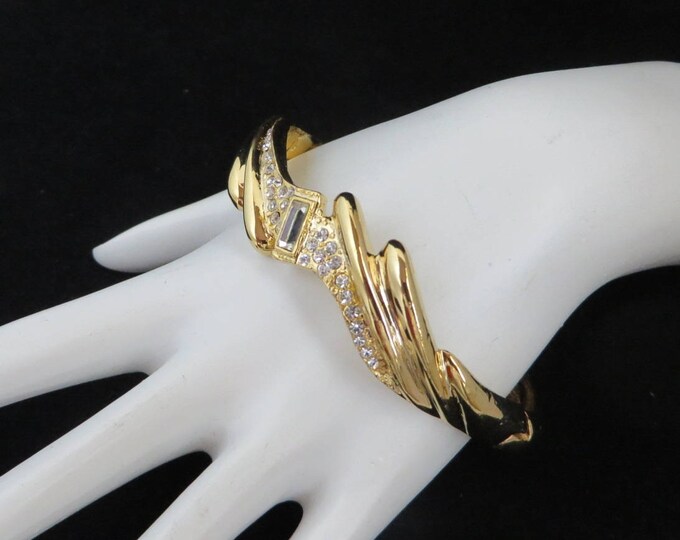 Gold Tone Rhinestone Bangle, Vintage Hinged Bracelet, Bridal Jewelry, Valentine's Day Gift