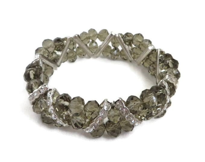 Vintage Smoky Gray Stretch Bracelet, Rhinestone Bracelet, Gray Beaded Bangle