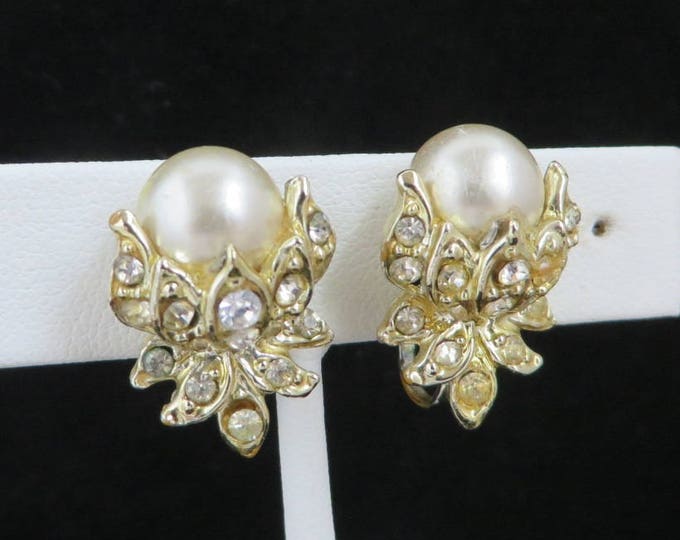 Pearl Earrings, Vintage Faux Pearl, Rhinestone Screw Back Earrings