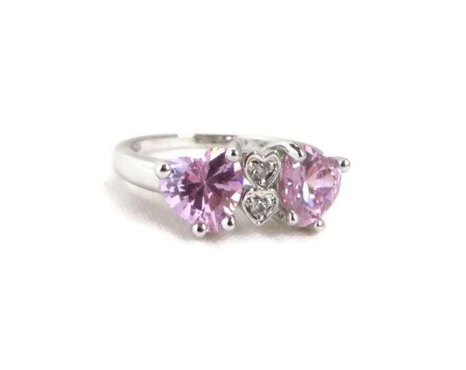 Sterling Silver Hearts Ring | Vintage Pink CZ Heart Ring | Birthday Gift | Size 6.5
