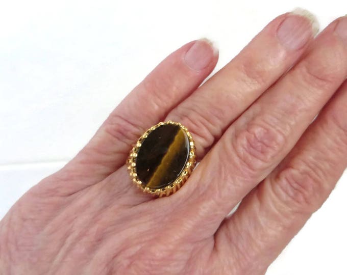 Vintage Tiger Eye Ring | 18K Gold Plated Statement Ring | Size 6