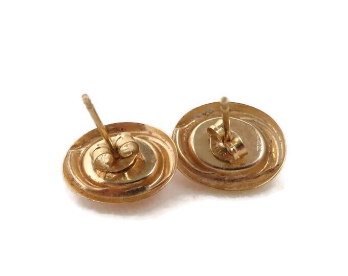 Gold Pierced Earrings, 14K Gold, Pink Stone Earrings - Vintage Oval Quartz Stud Earrings
