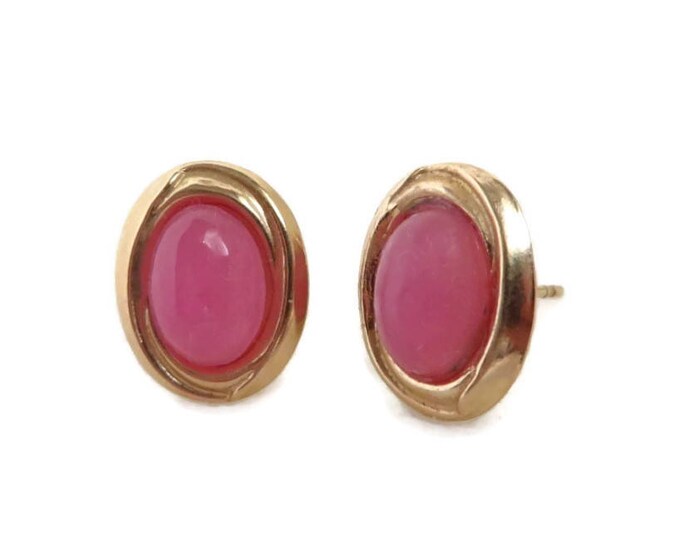 Gold Pierced Earrings, 14K Gold, Pink Stone Earrings - Vintage Oval Quartz Stud Earrings