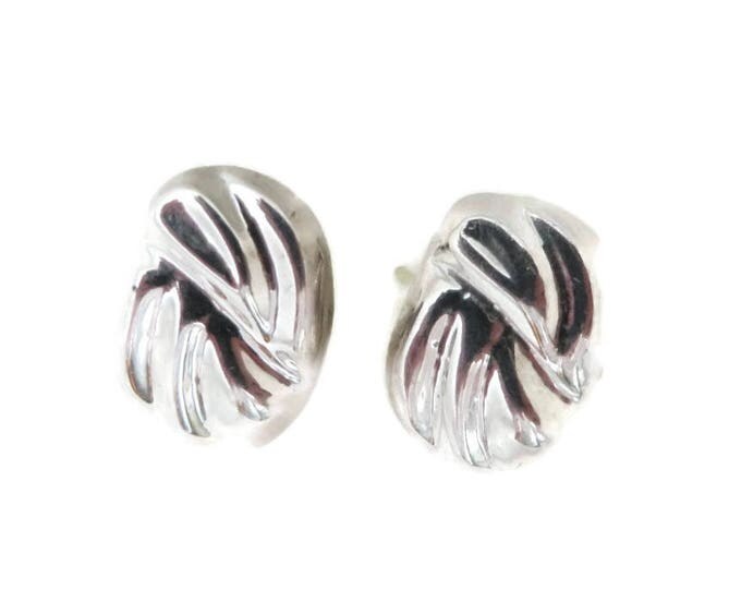 Mexico Silver Studs, Vintage Sterling Silver Oval Grooved Pierced Earrings