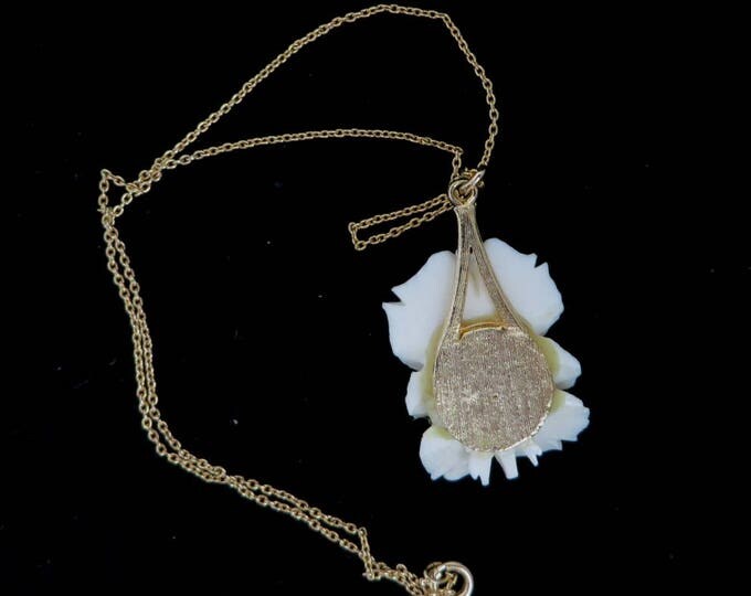 Vintage White Rose Pendant Necklace - Blooming Rose Pendant, Gold Tone Chain Necklace