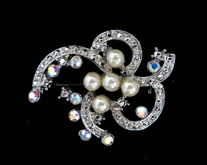 Vintage AB Rhinestone Faux Pearl Brooch | Mid Century Silver Tone Flower Pin | Bridal Jewelry