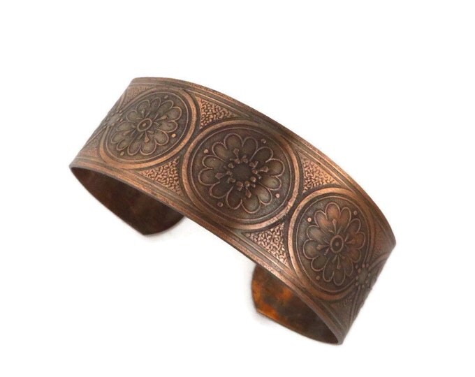 Vintage Solid Copper Cuff, 1970s Flower Design Bracelet