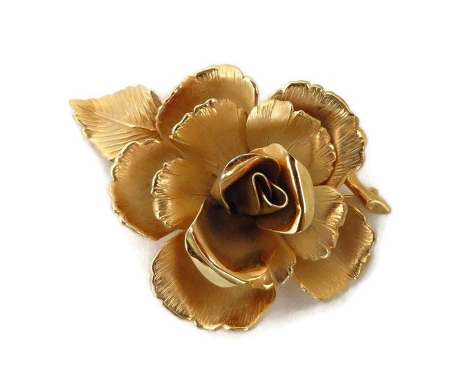 Rose Brooch, Flower Pin, Signed Lisner Gold Tone Rose Brooch, Vintage Matte Gold Tone Rose Pin, Birthday, Mother's Day Gift for Her