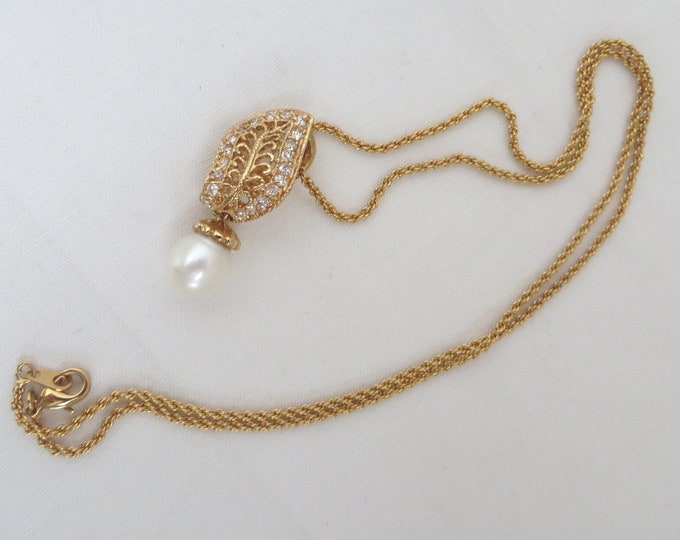 14K GE Faux Pearl Pendant Necklace, Ling Rhinestone Gold Tone Pendant Necklace, Gift for Her